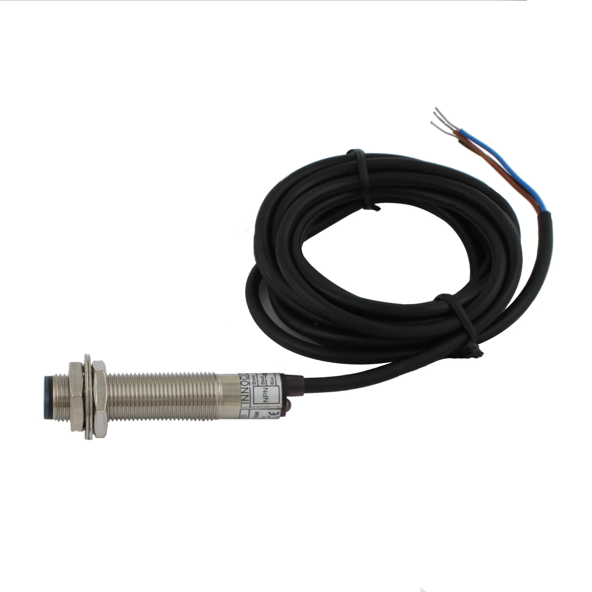 INNOCONT Фотодатчик диффузионный, М12x1, зона срабатывания до 10 см, -10 +60 С, 12…24 VDC, IP67, выход: NPN NO, макс. ток 200 мА, время реакции 3 мс, кабель 2 м PES-D12-NO10D