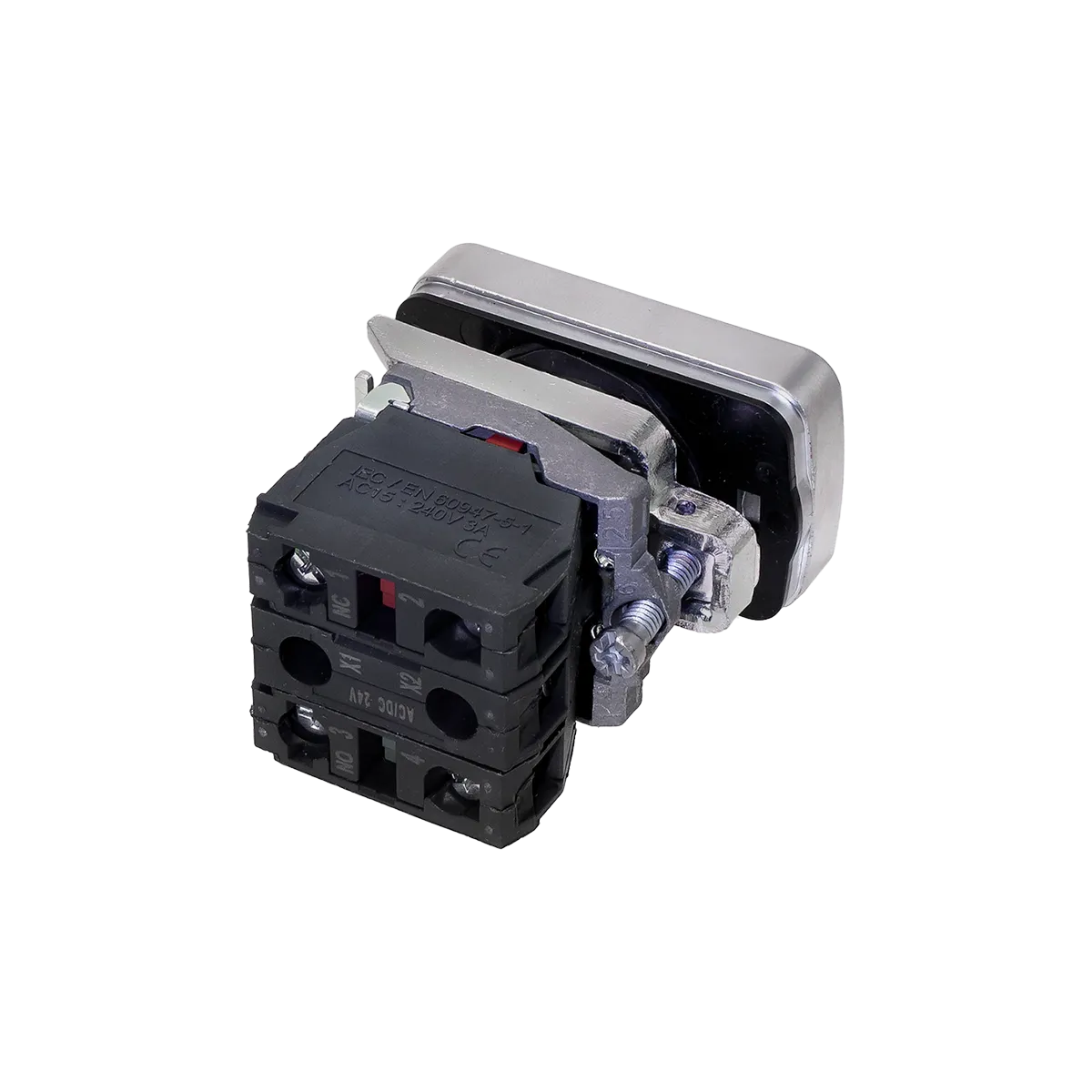 Кнопка двойная плоская с подсветкой, красная/зеленая, маркировка "I+O", 1NO+1NC, 24V AC/DC, IP65, металл