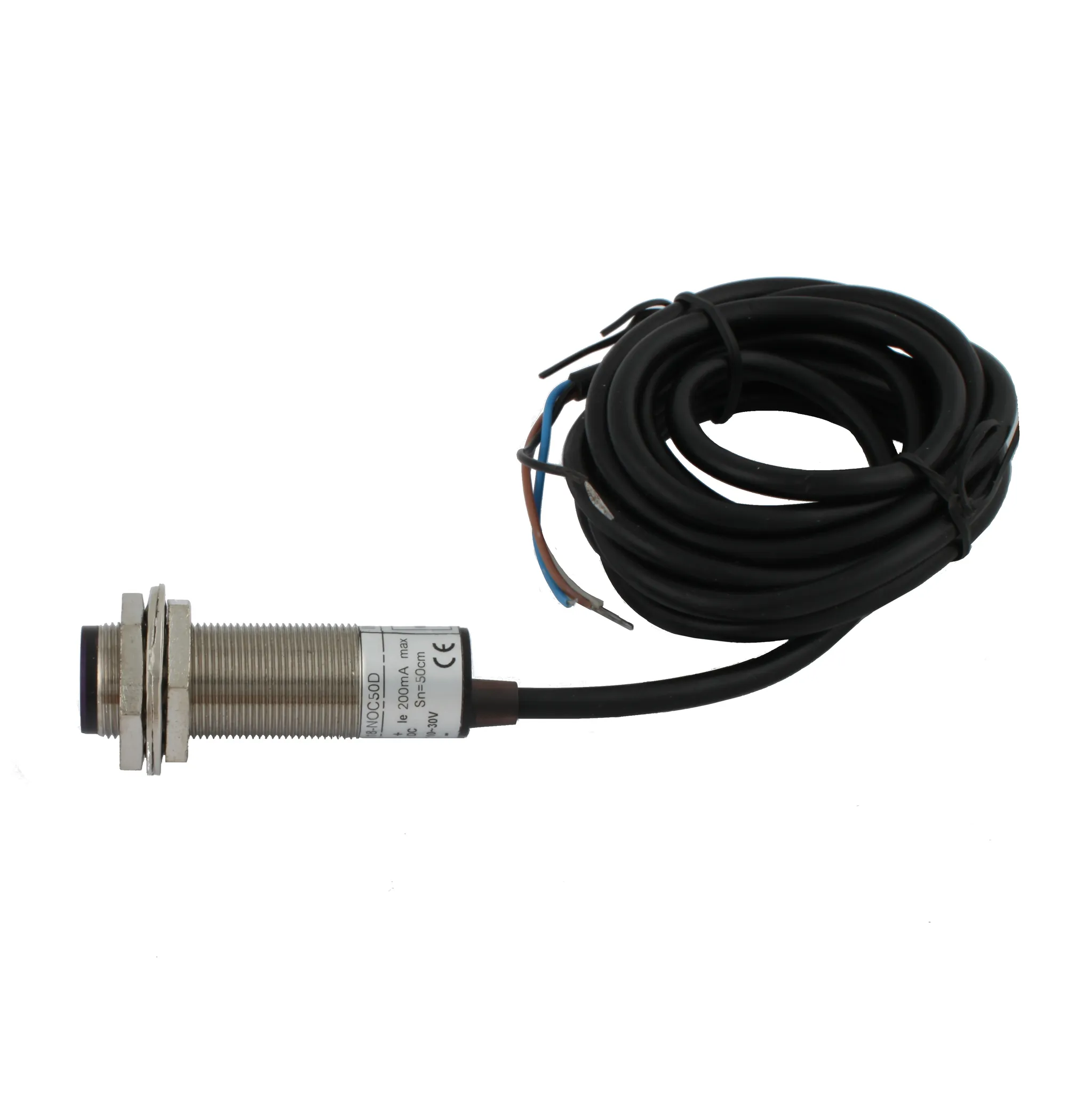 INNOCONT Фотодатчик диффузионный, М18x1, зона срабатывания до 50 см, -10 +60 С, 12…24 VDC, IP67, выход: NPN NO + NC, макс. ток 200 мА, время реакции 3 мс, кабель 2 м PES-D18-NOC50D (cable)