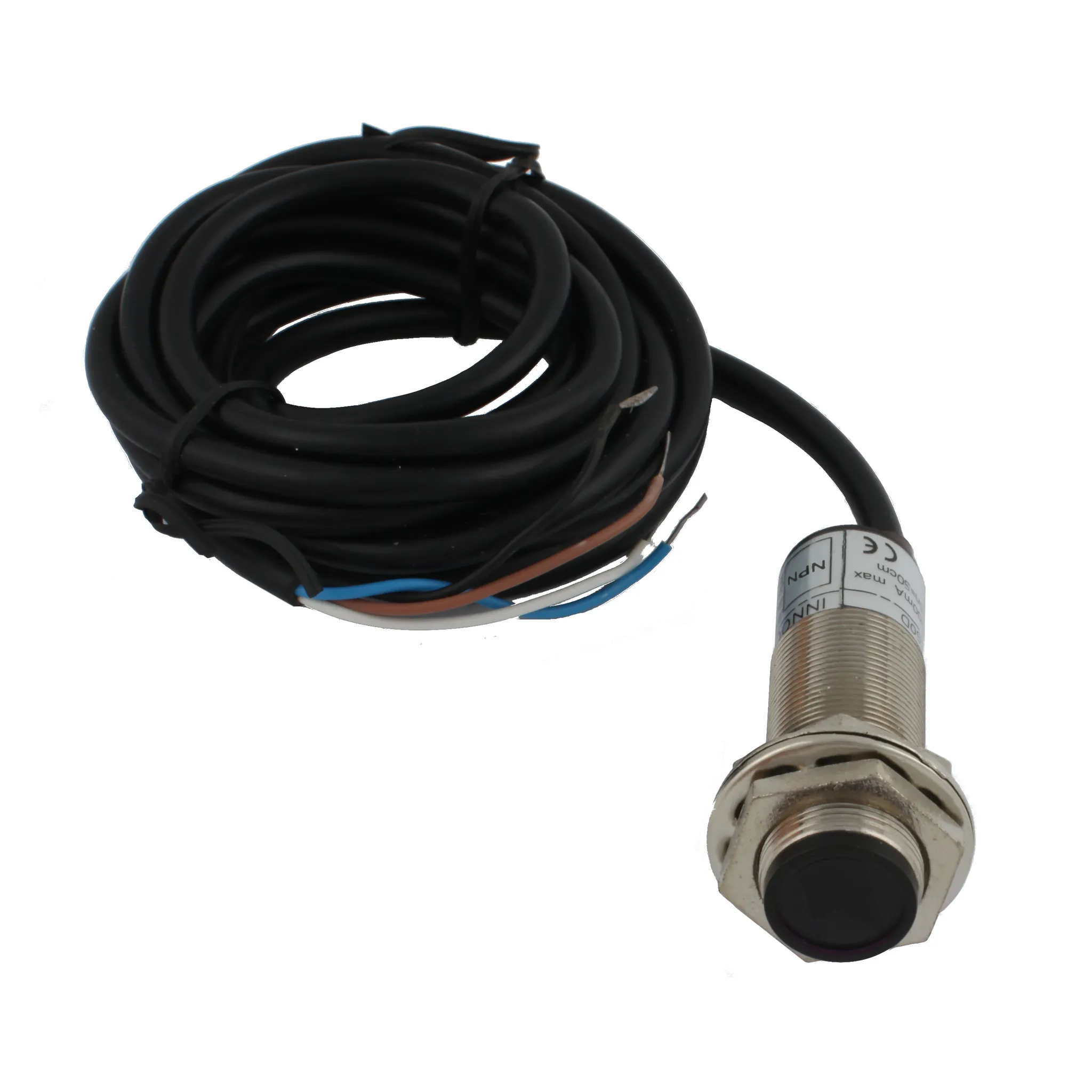 INNOCONT Фотодатчик диффузионный, М18x1, зона срабатывания до 50 см, -10 +60 С, 12…24 VDC, IP67, выход: NPN NO + NC, макс. ток 200 мА, время реакции 3 мс, кабель 2 м PES-D18-NOC50D (cable)