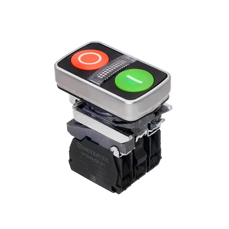 Кнопка двойная плоская с подсветкой, красная/зеленая, маркировка "I+O", 1NO+1NC, 24V AC/DC, IP65, металл